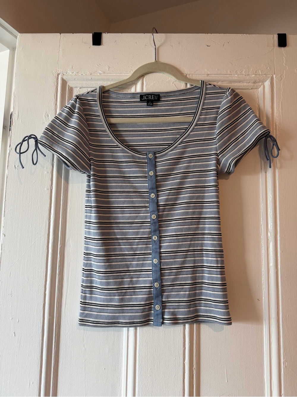 J.Crew Blue and White Striped Button-Front Scoop Tee